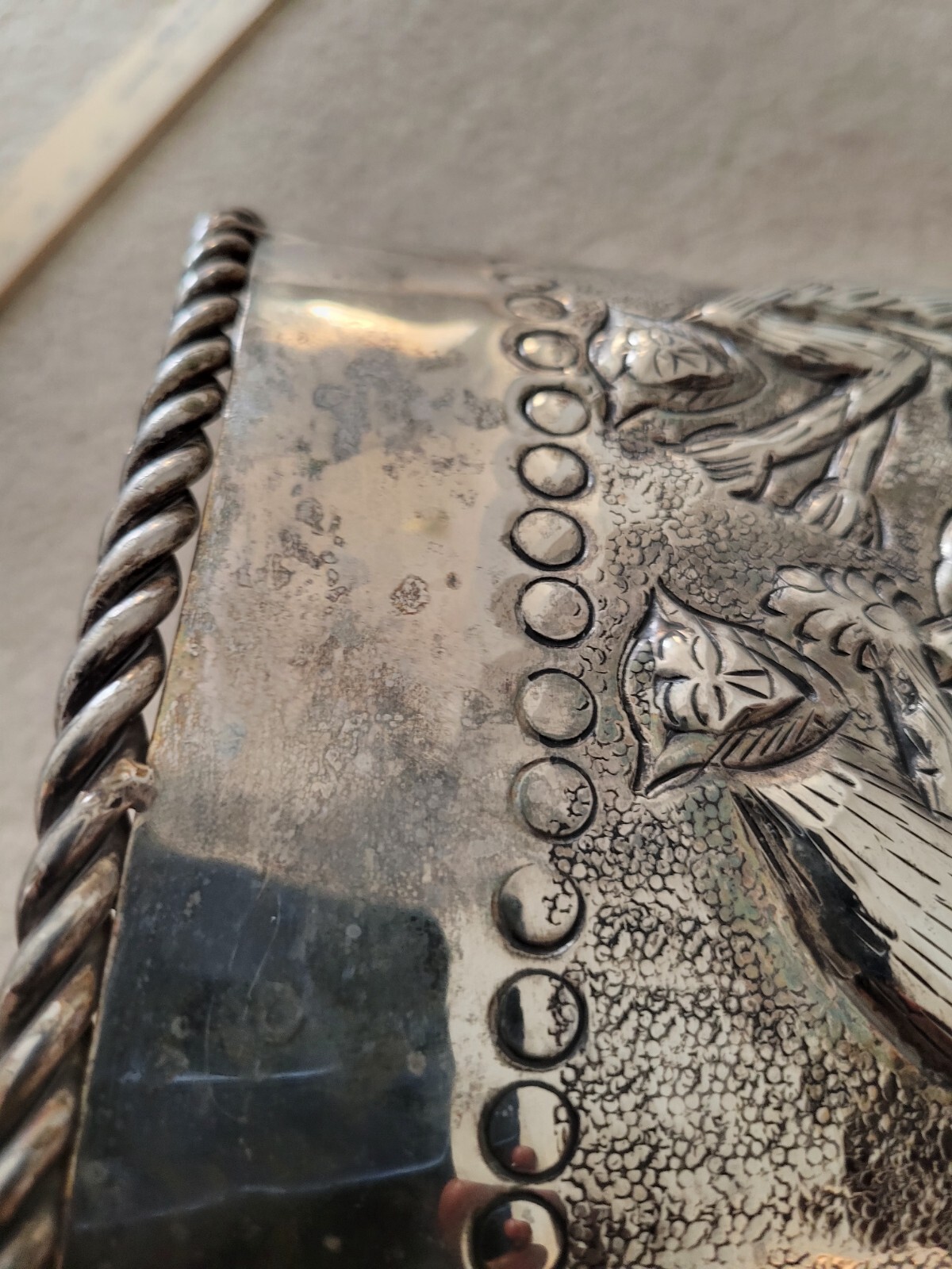 Metel Silver Tone Repousse Monkeys Planter Or Vase