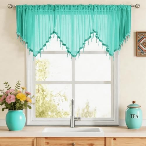 Turquoise Sheer Valance Curtains for Living Room Windows, Teal Boho Crystal