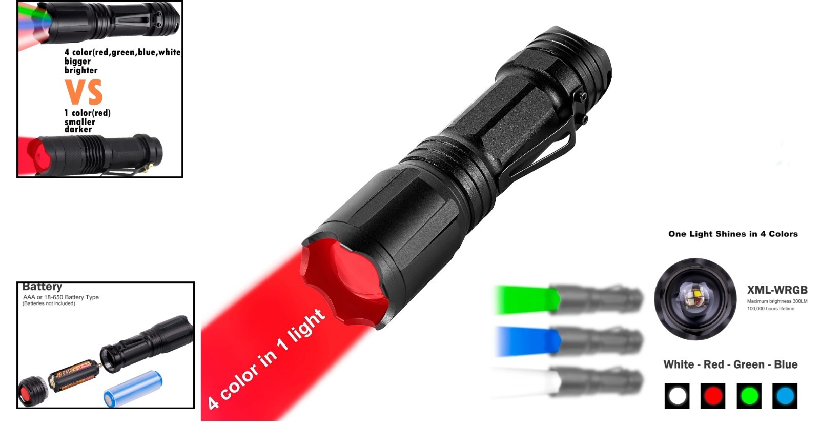Lightweight Zoomable RGBW LED Flashlight - Perfect for Adventures & Night Vision