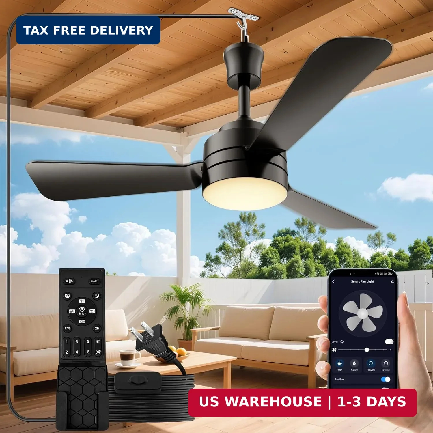 28" Gazebo Fan with Light,Plug in Ceiling Fan Light,Outdoor Ceiling Fan with ...