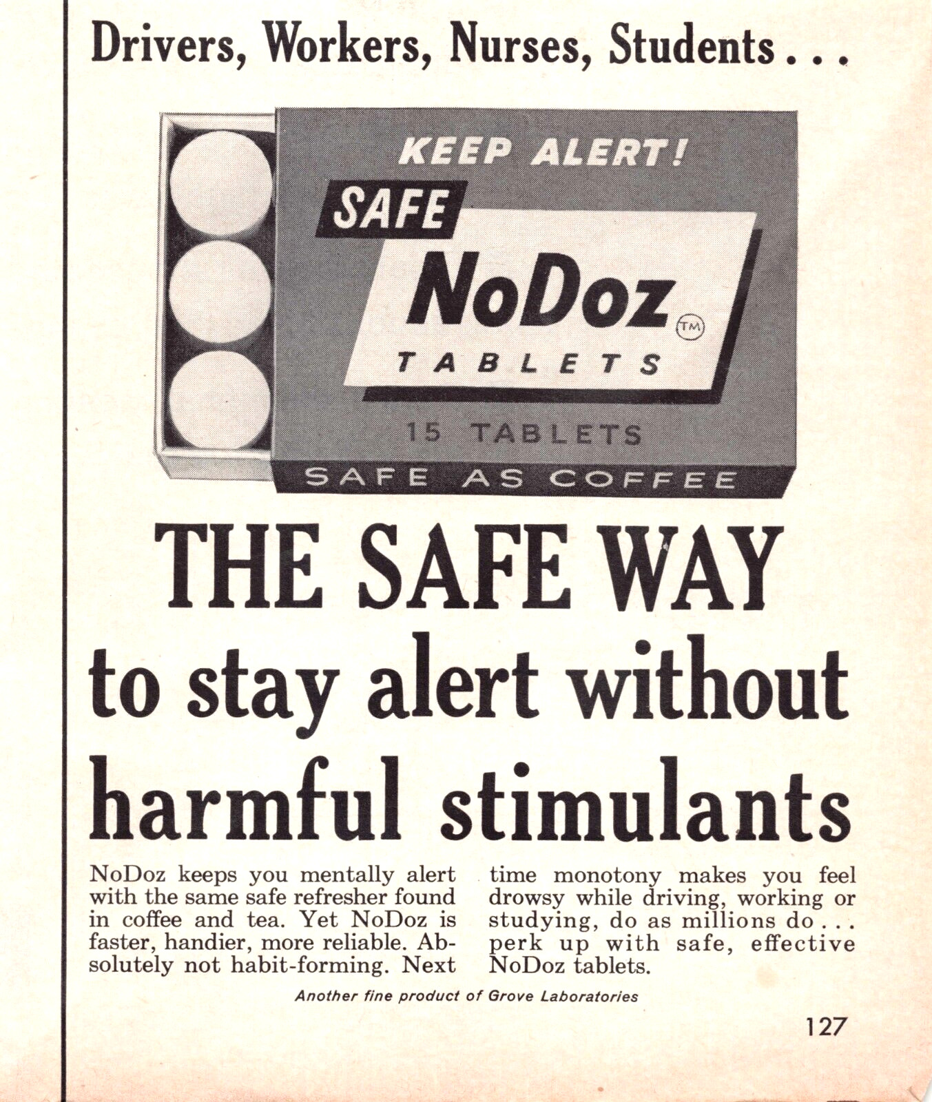 NoDoz Caffeine Tablets Pills Coffee-Safe No Harmful Stimulants Vtg Mag Print Ad