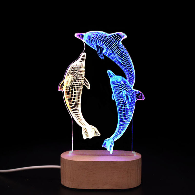 3D Illusion Dolphin Night light Colorful Wooden Kids Gift Desk Decoration Lamp