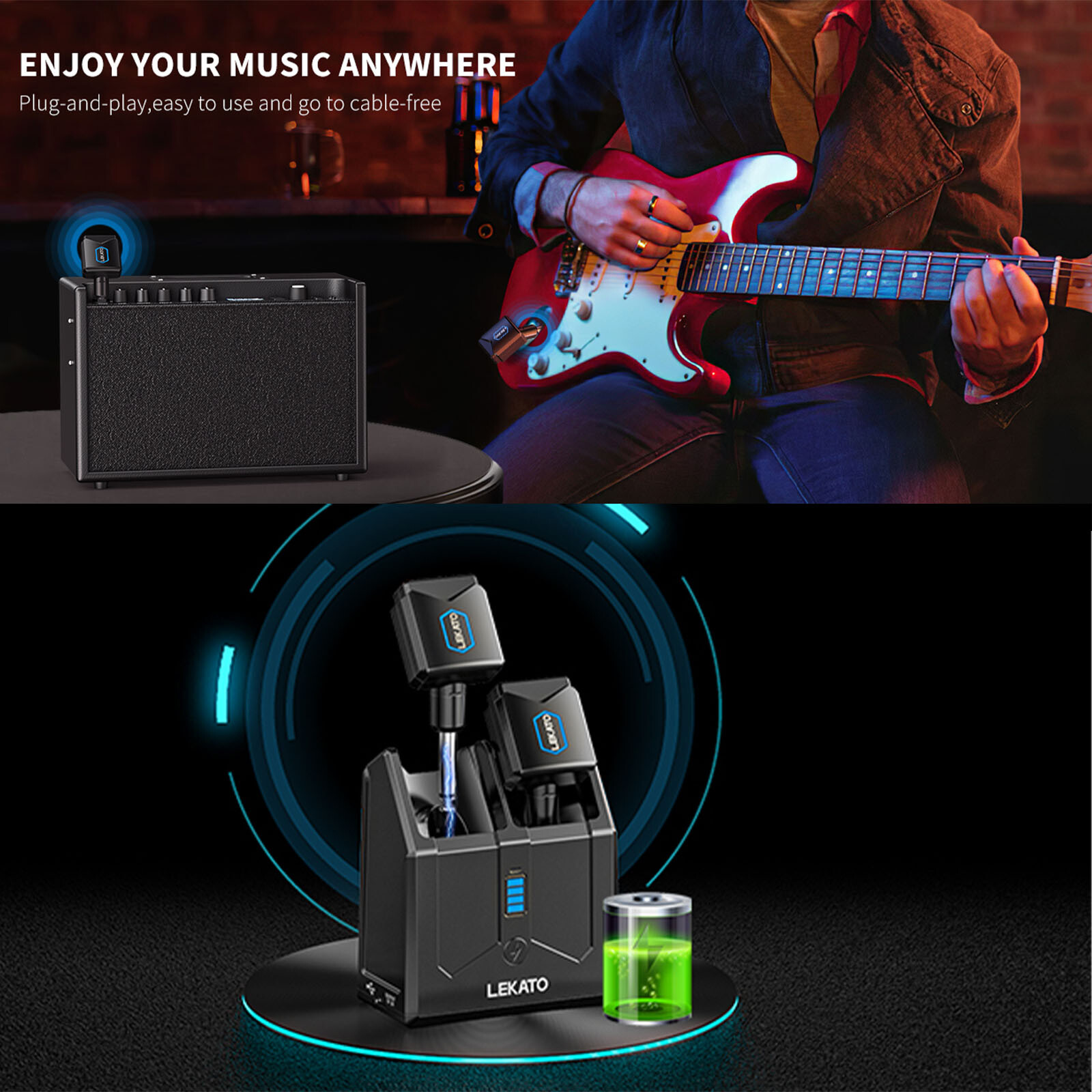 LEKATO 5.8GHz Wireless Guitar System Transmitter Receiver with Charging Box