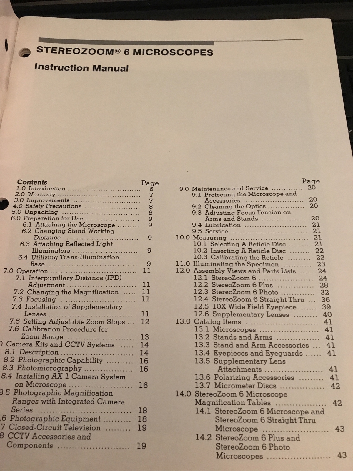 Bausch & Lomb Optical Systems StereoZoom 6 Microscopes Instruction Manual 1987