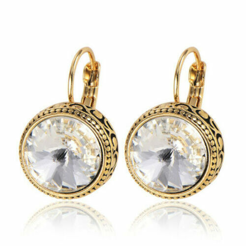 Great New Yellow Gold Plated 15mm Clear Round Crystal Leverback Dangle Earrings