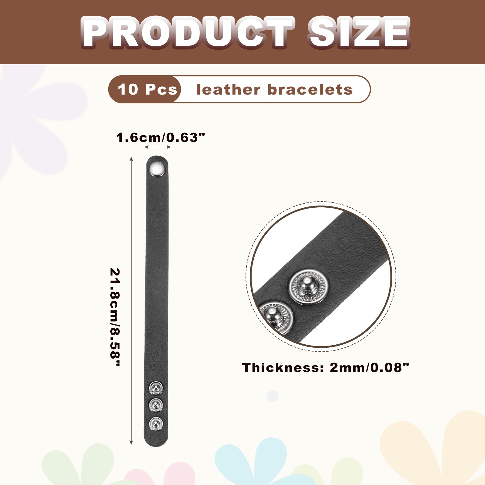 10 Pcs Plain Leather Bracelets Leather Snap Bracelets, Black