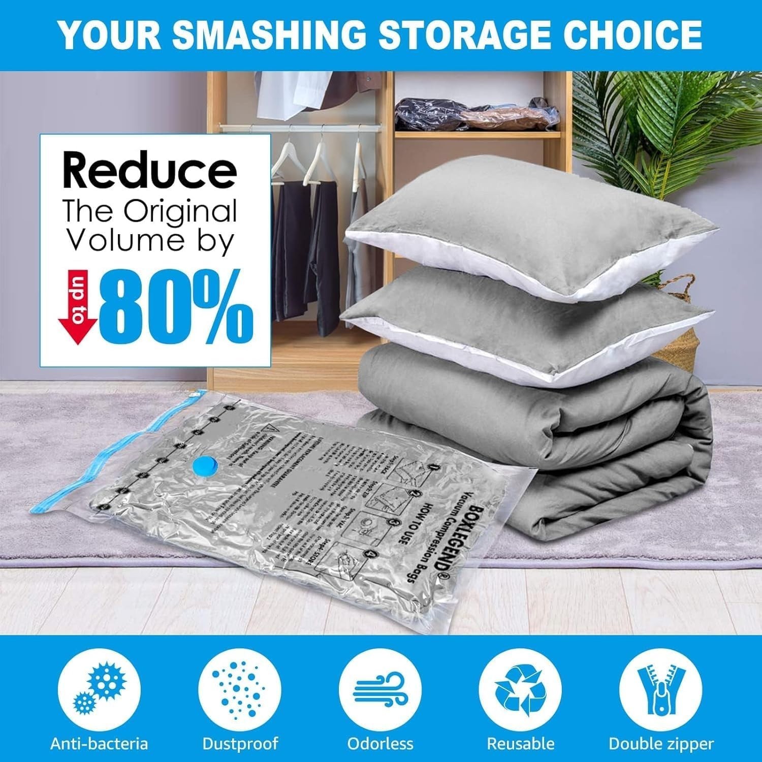 Transparent Compression Bags with Pump - 6 Medium Storage Solutions for Clothing