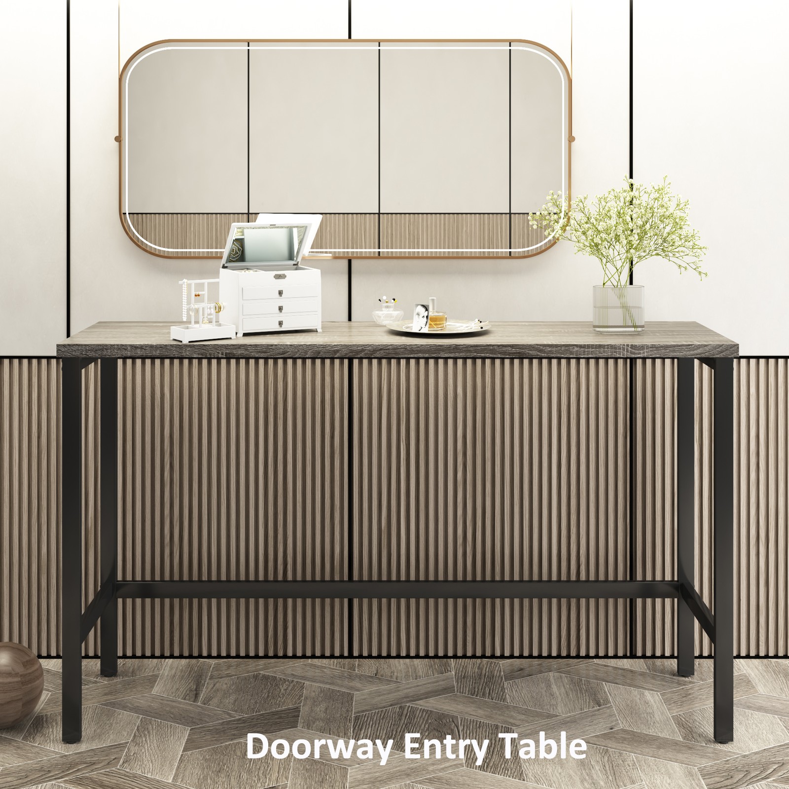 Three-piece set, long dining table with counter height and three stools, grey