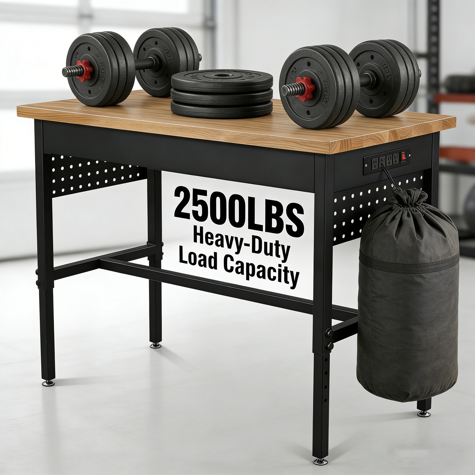 60"x24" Adjustable Workbench, Power Outlets, 6 Height Levels, Solid Hardwood Top