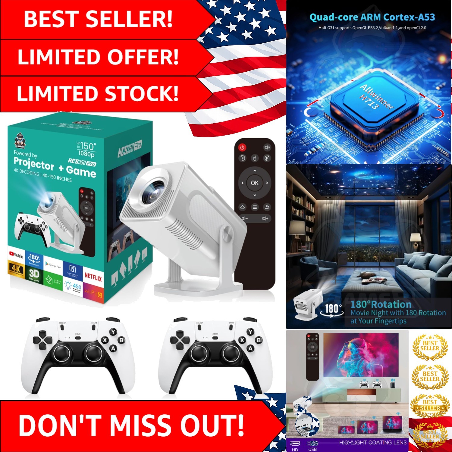 Experience 4K Movie Nights: Retro Projector with 30,000 Games & Dual Controllers