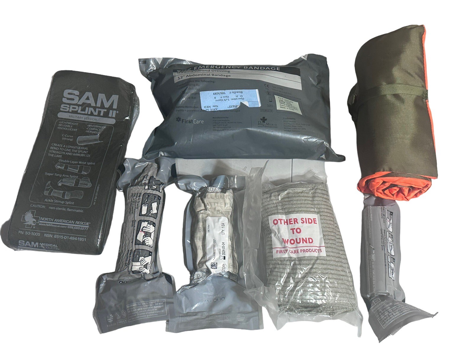Lot of Medical Supplies Splint, Then Emergency Bandage, Rolled Gauze, Etc