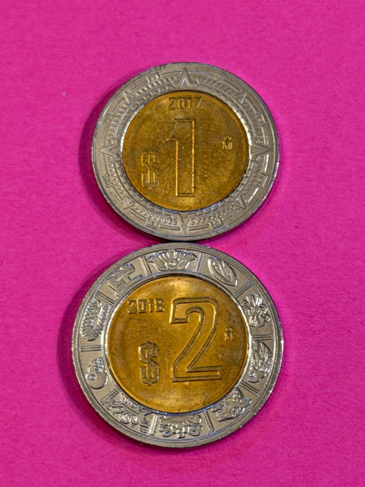 COIN MEXICO 2017 1 PESO 2018 2 PESOS  BI UNCIRCULATED  FREE SHIPPING