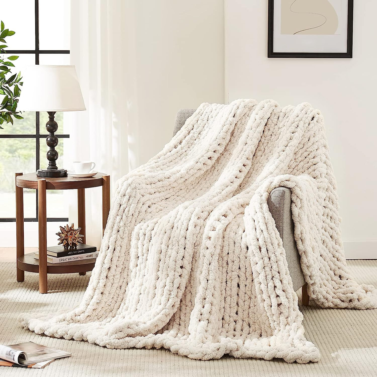 LAGRATY Chunky Knit Blanket Throw,Soft Chenille Yarn Throw 50X60,Handmade Th...