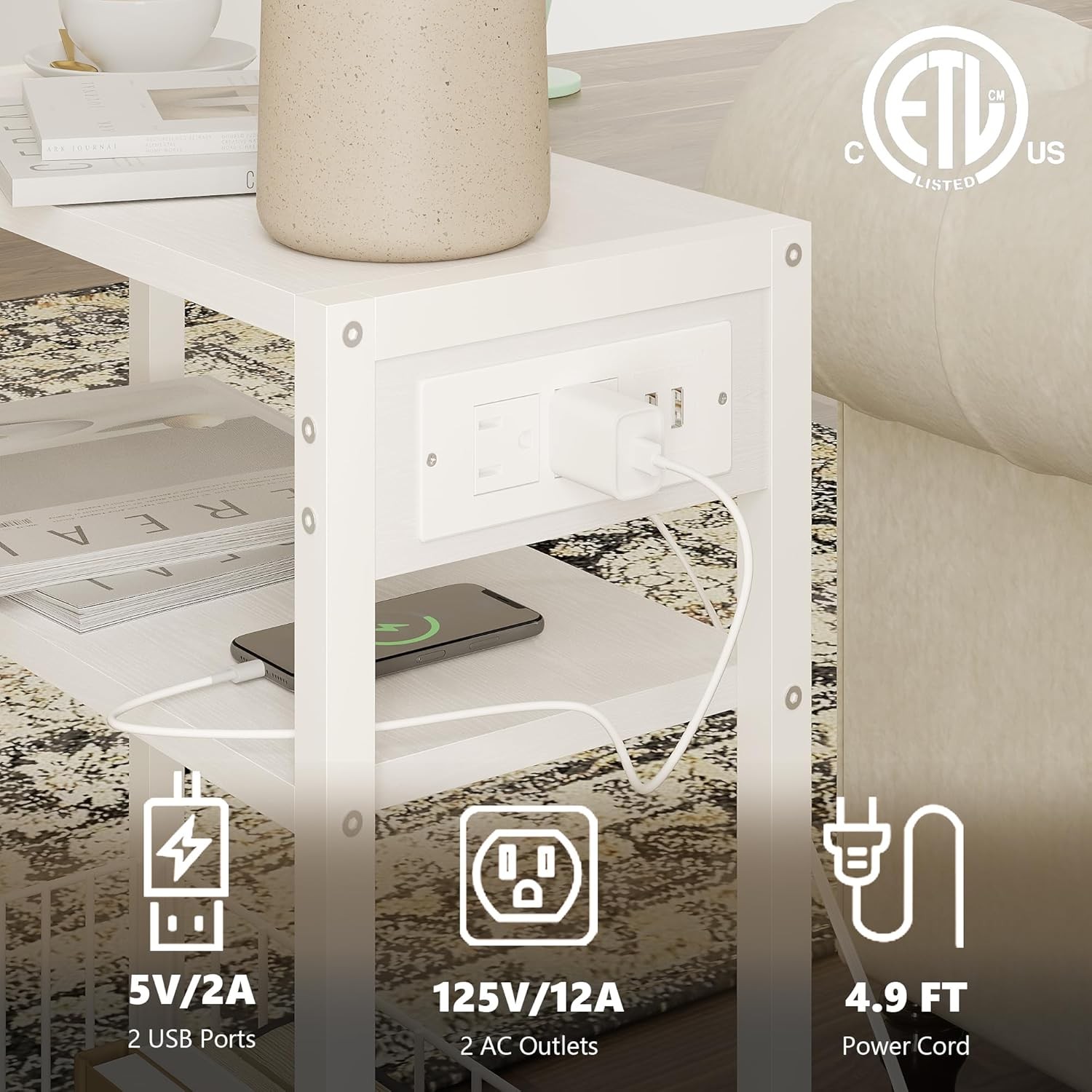 Narrow Side Table W/ Charging Station Small End Table Small Spaces Slim