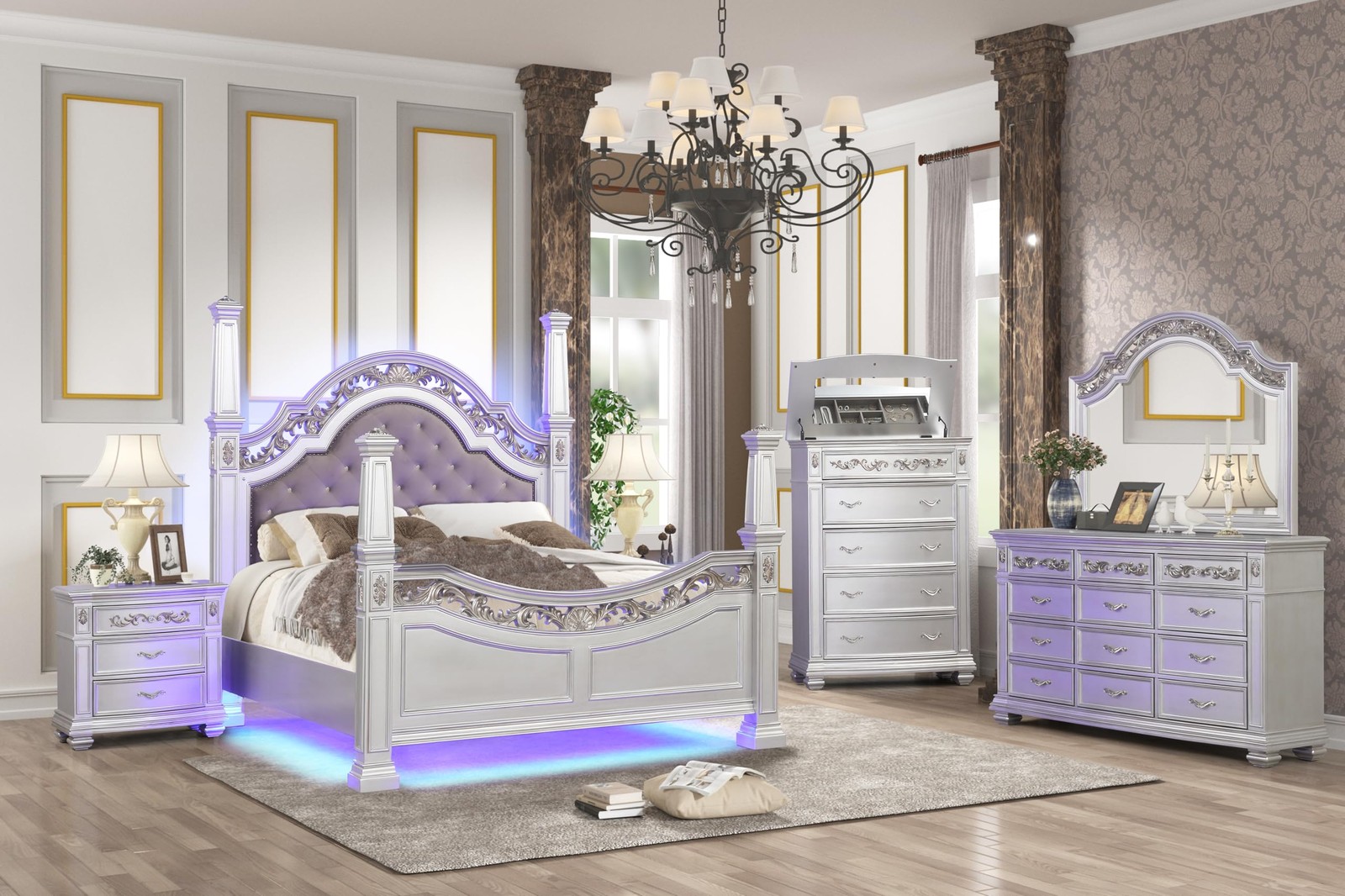 First of a Kind Valentina Silver King 5 Piece Bedroom Set
