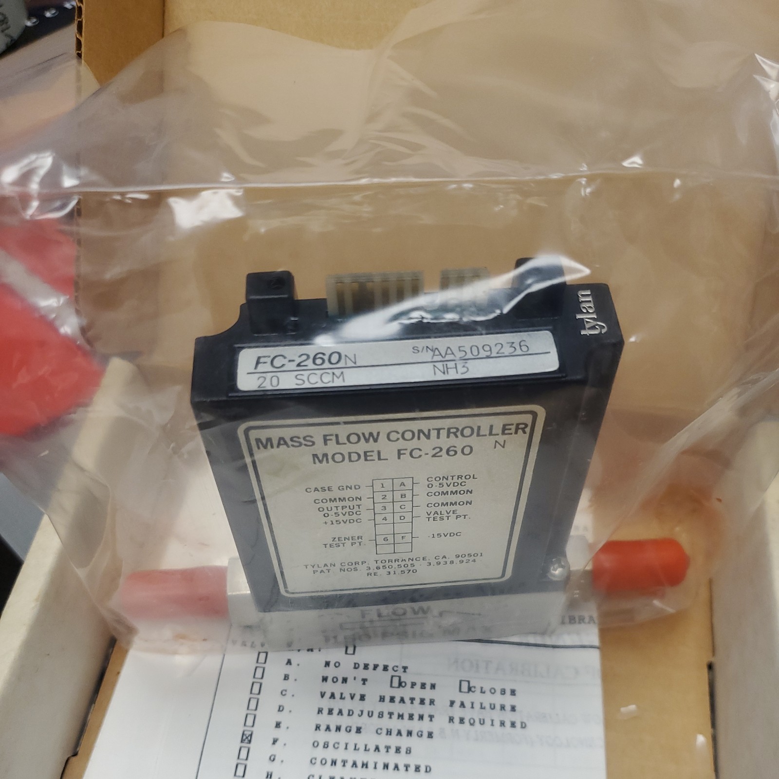 Tylan, FC-260, Mass Flow Controller, W Certified Calibration