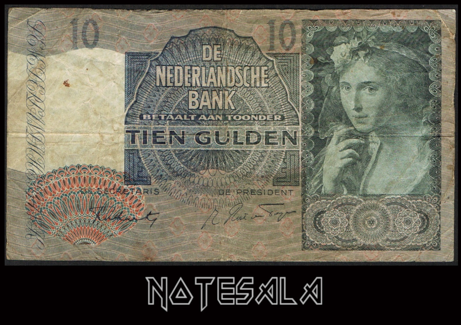 NETHERLANDS 10 GULDEN 1942 Pick-56b CIRCULATED **SCARCE**