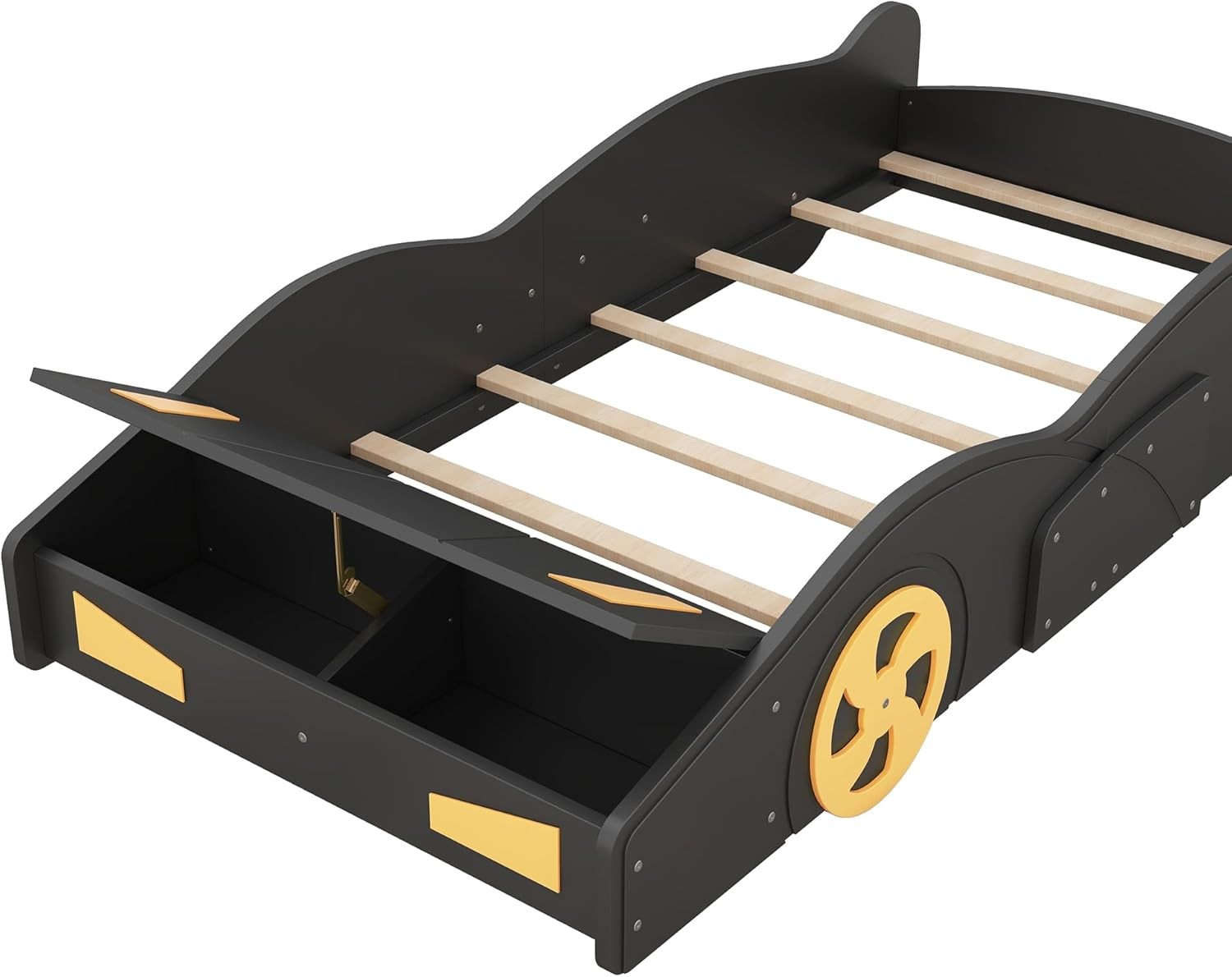 Twin Race Car Platform Bed Wood Frame Wheels Storage