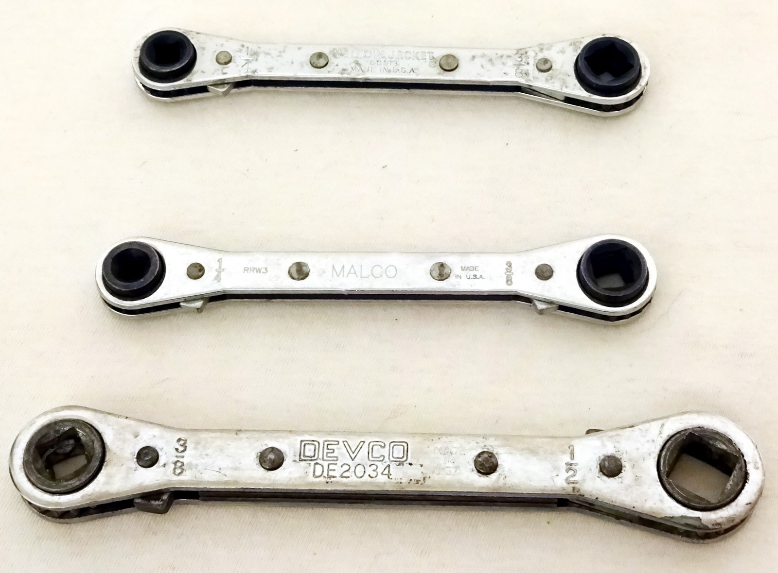 3 Square Ratchet Refrigeration Wrenches Malco, Yellow Jacket, Devco 3/16" - 1/2"