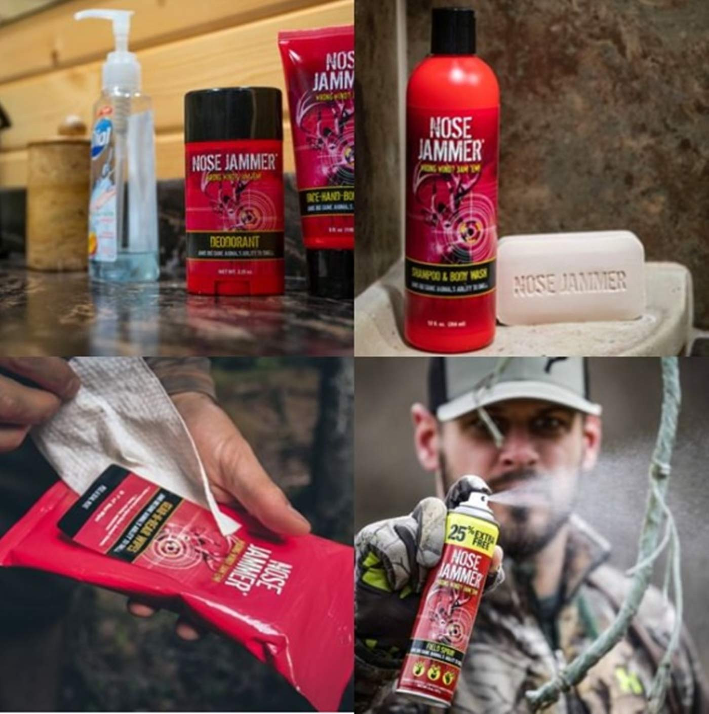 Nose Jammer Hunting Kit with Spray Body Wash Deodorant and Wipes 4 Pack