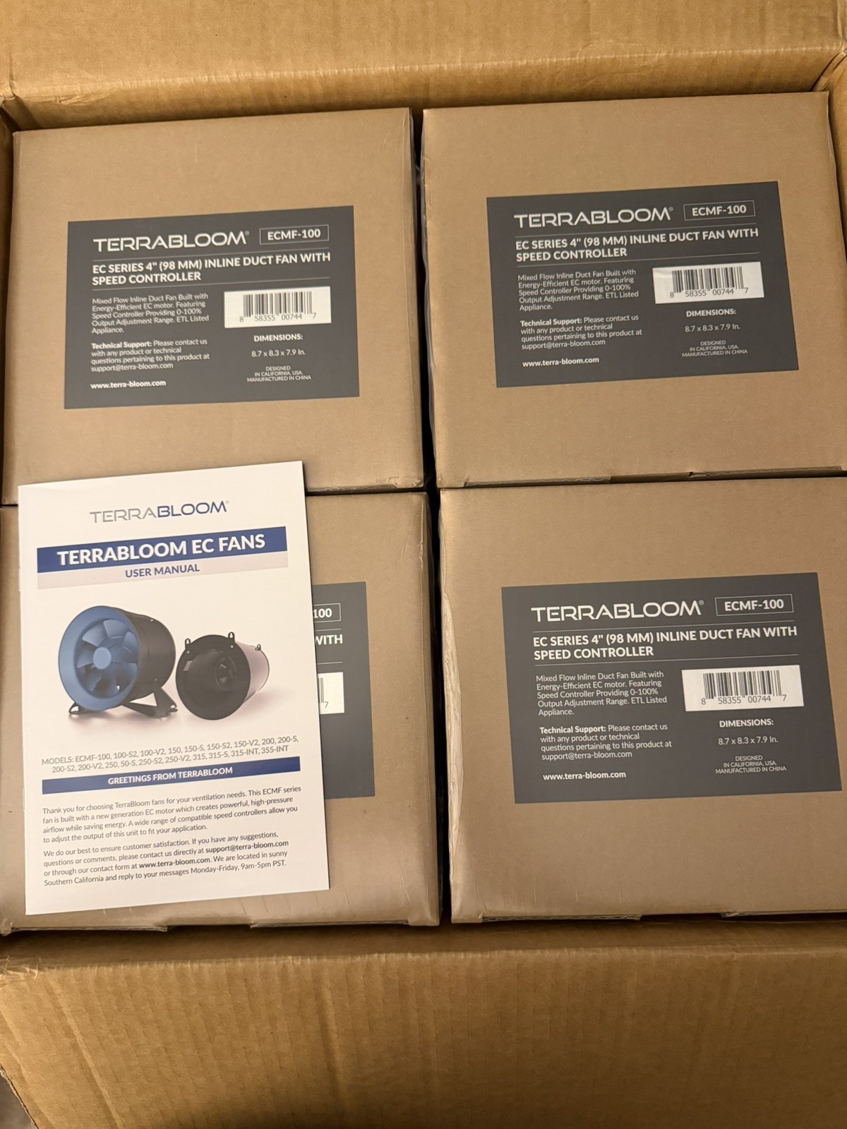 TerraBloom EC Series 4 Inch Inline Duct Fan With Speed Controller ECMF-100 NEW