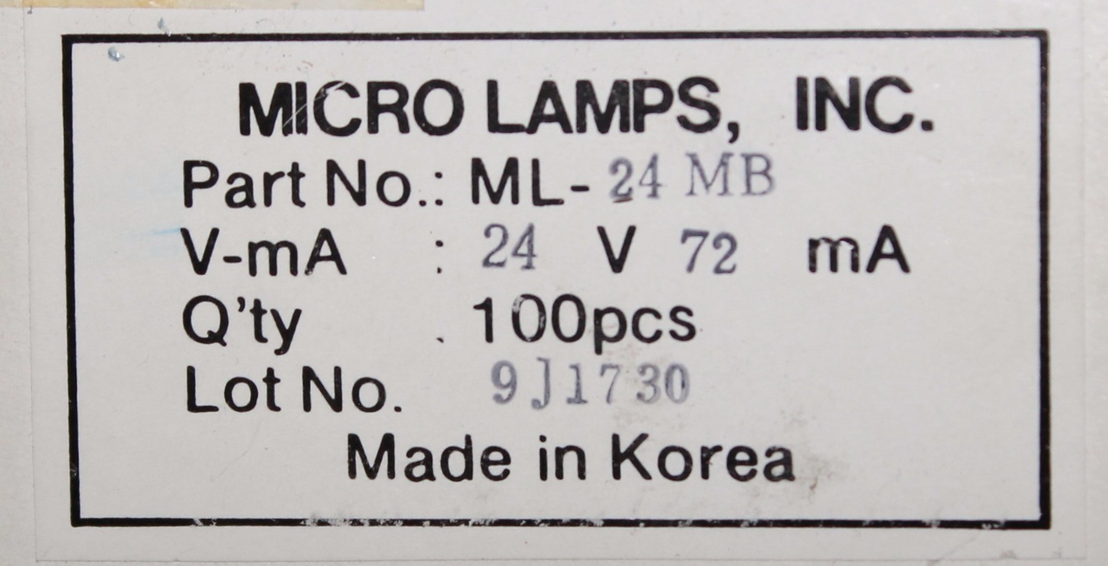 MICRO LAMPS INC ML 24 MB 1.7W 24V 72 MA Pilot Light Lamp Bulb 24B