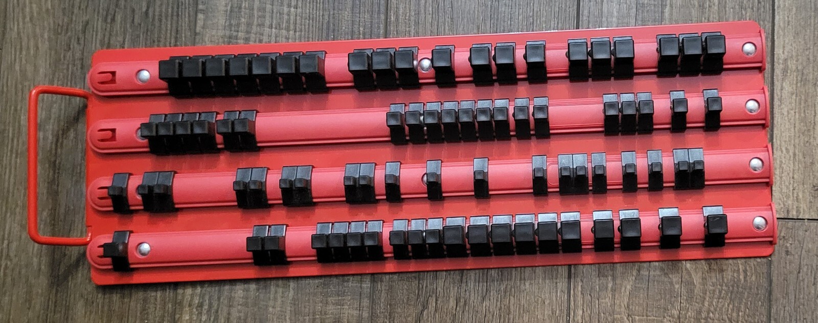 4 row red socket tray 1/4" drive  1/2" drive and 3/8" drive HOLDS 80 SOCKETS New