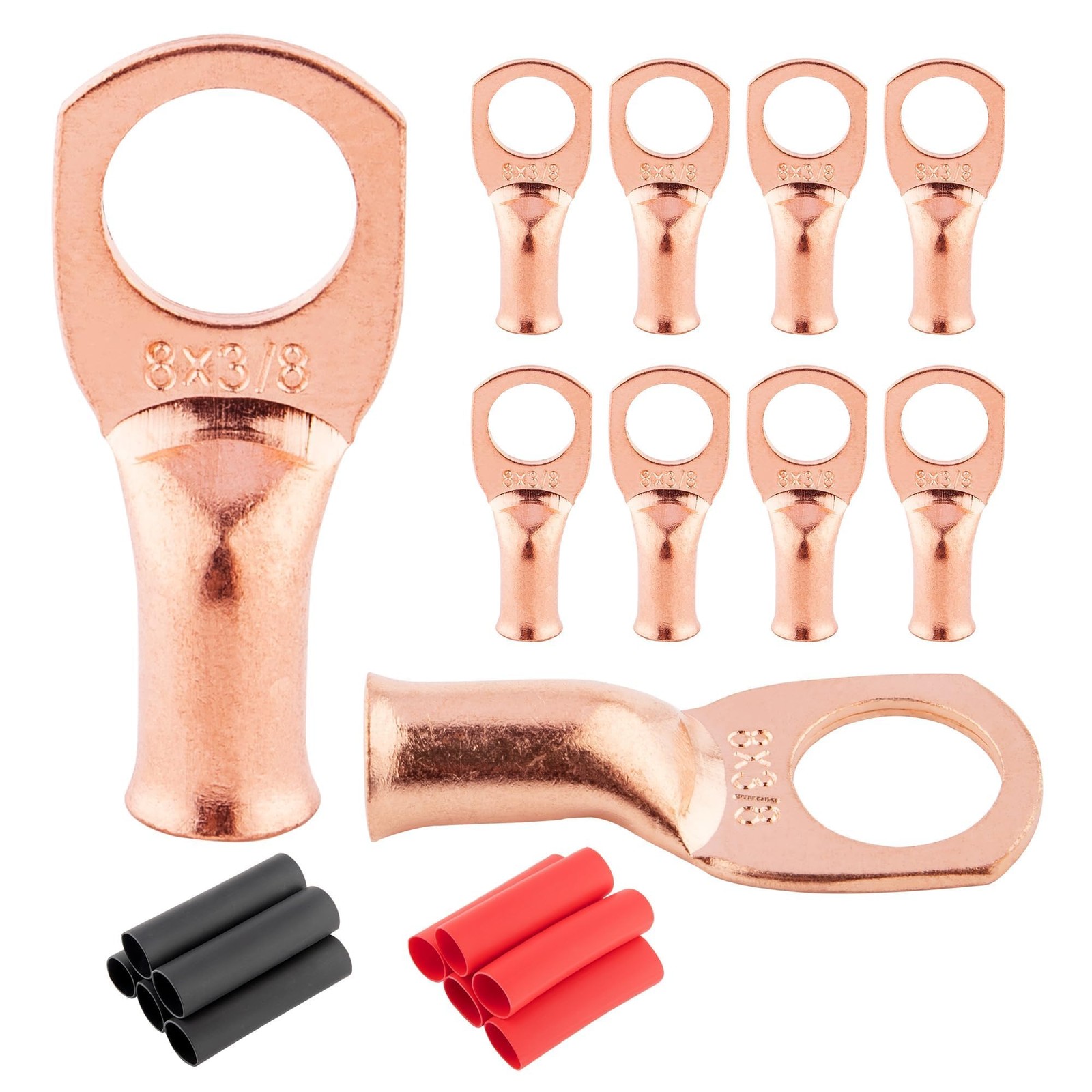 RED WOLF 10 Pack 8 Gauge x 3/8" Copper Wire Ring Terminals Connector Lug Batt...