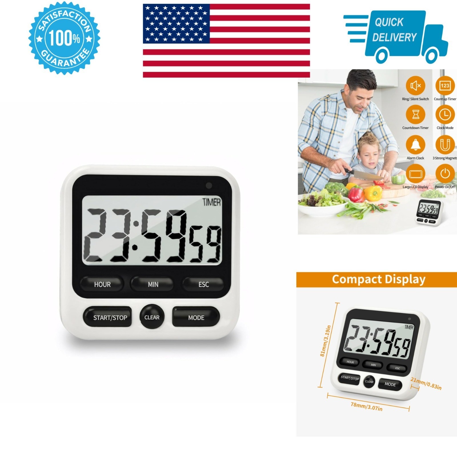 Nkove Digital Kitchen Timer 24 Hour with Clock, Loud/Silent Alarm