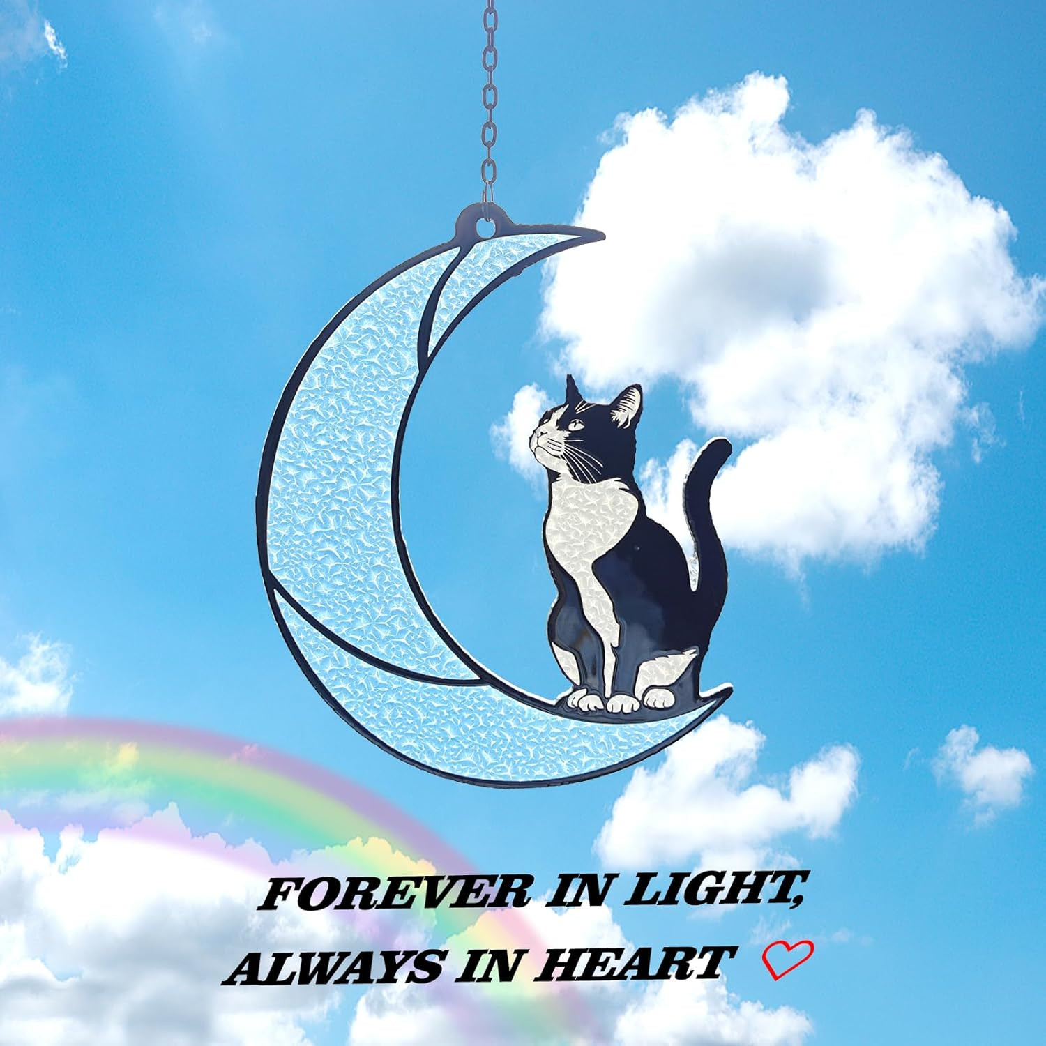 Black and White Cat Moon Suncatcher Loss Sympathy Gift Tuxedo Stained Glass Home