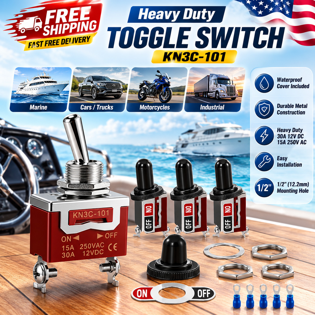 4-Pack Toggle Switches, SPST On/Off 2-Pin, 12V DC 30A Heavy Duty Waterproof Togg