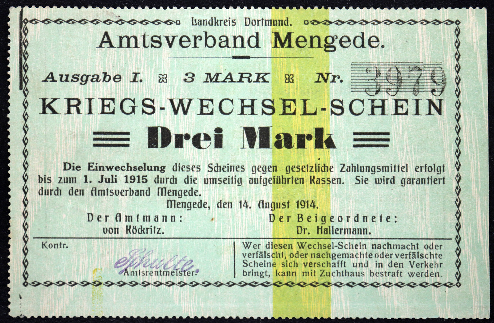 MENGEDE 1914 3 Mark Early WWI German Notgeld