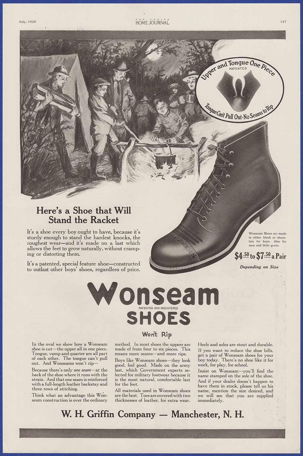 Vintage 1920 WONSEAM Shoes Boys Men's Footwear Fashion Ephemera 1920's Print Ad
