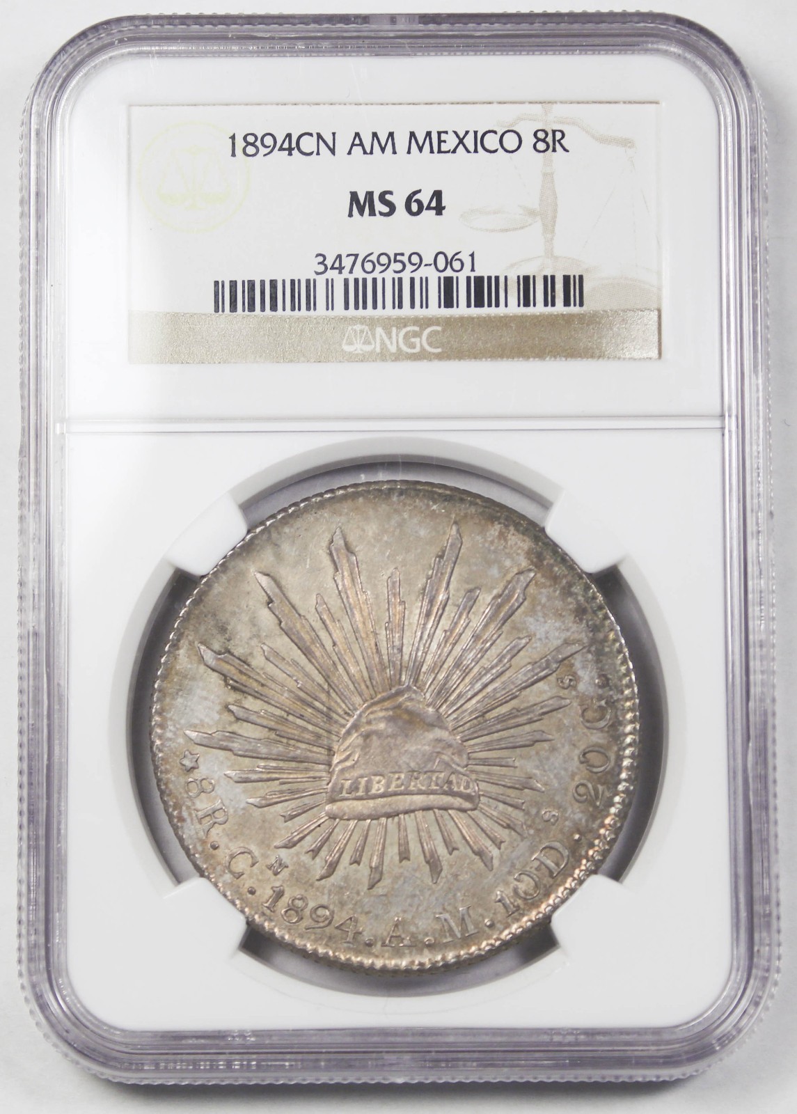MEXICO Republic 1894 CN AM Cap & Rays 8 Reales Silver Coin NGC MS64 Nice Toning