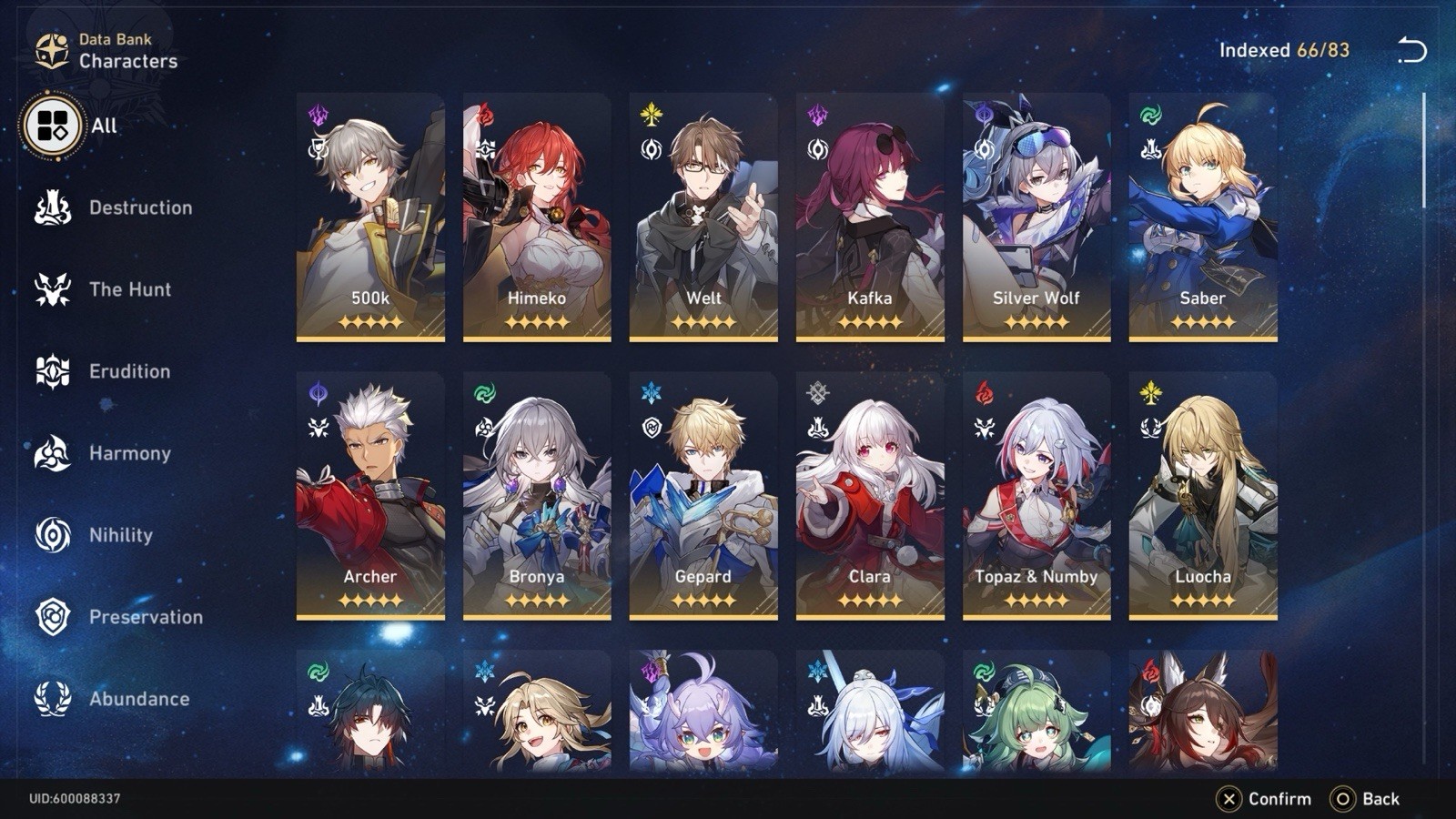 Data Bank Character Index 66/83 Screen - Video Game Account/Character Roster