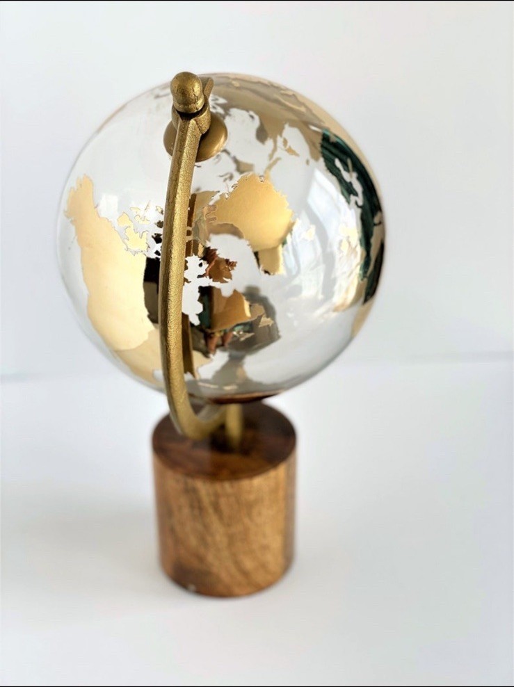 15 in. Gold Wood Decorative Globe with Brown Base