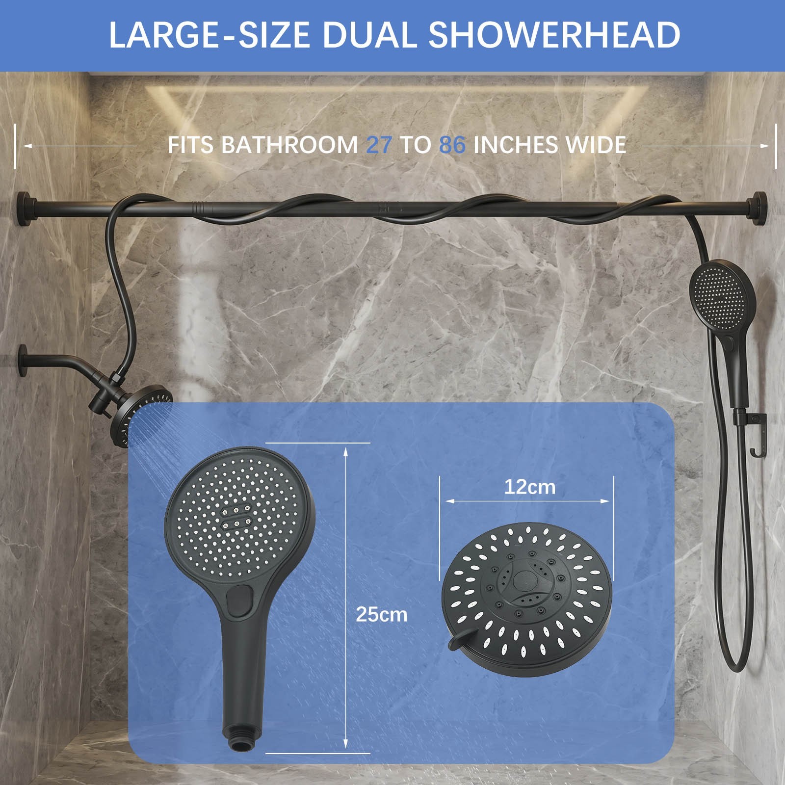 High Pressure Black Adjustable Dual Shower Head with Handheld System for Couples