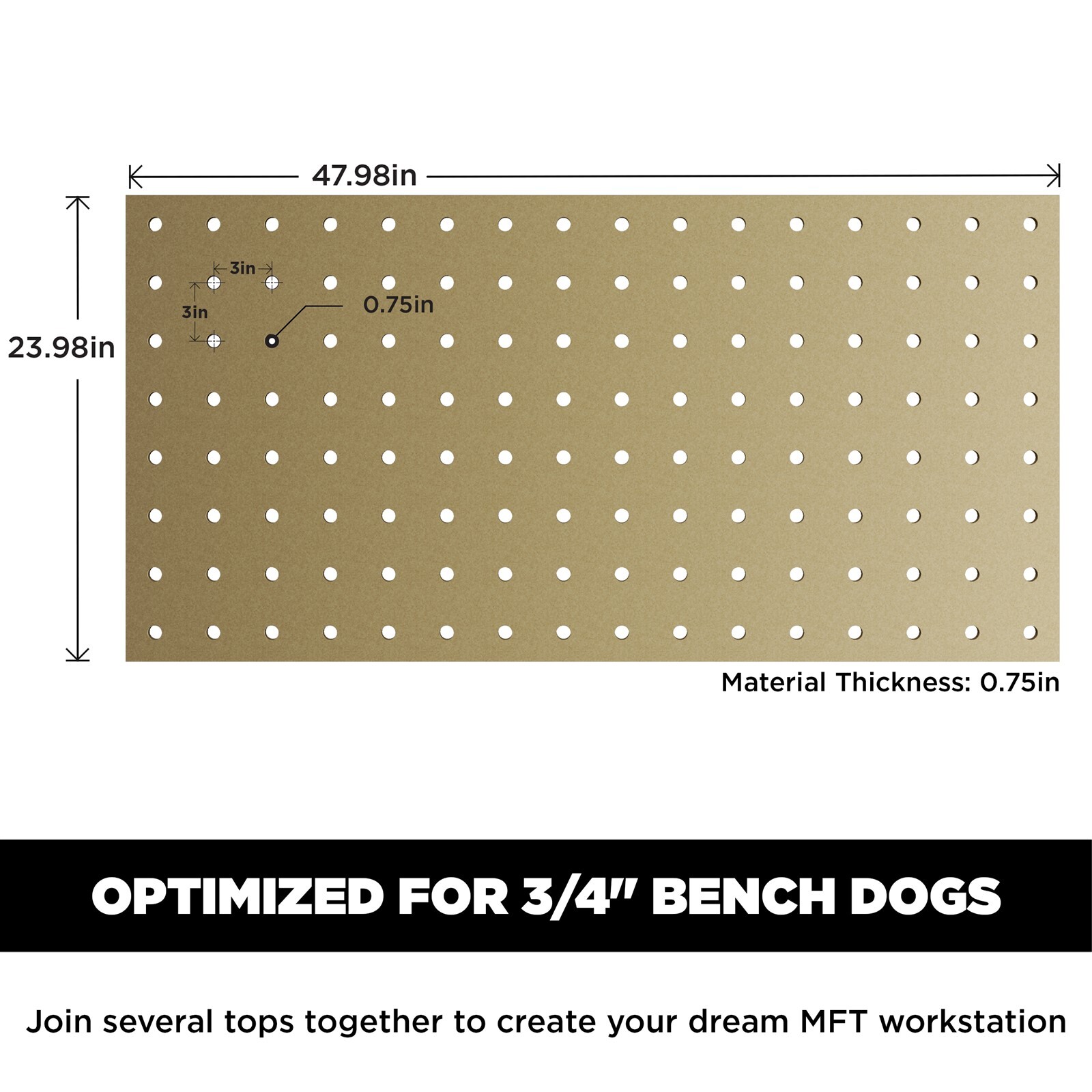Trunkworks Modular 2x4' MFT Table Top with Holes Optimized for 3/4" Bench Dogs