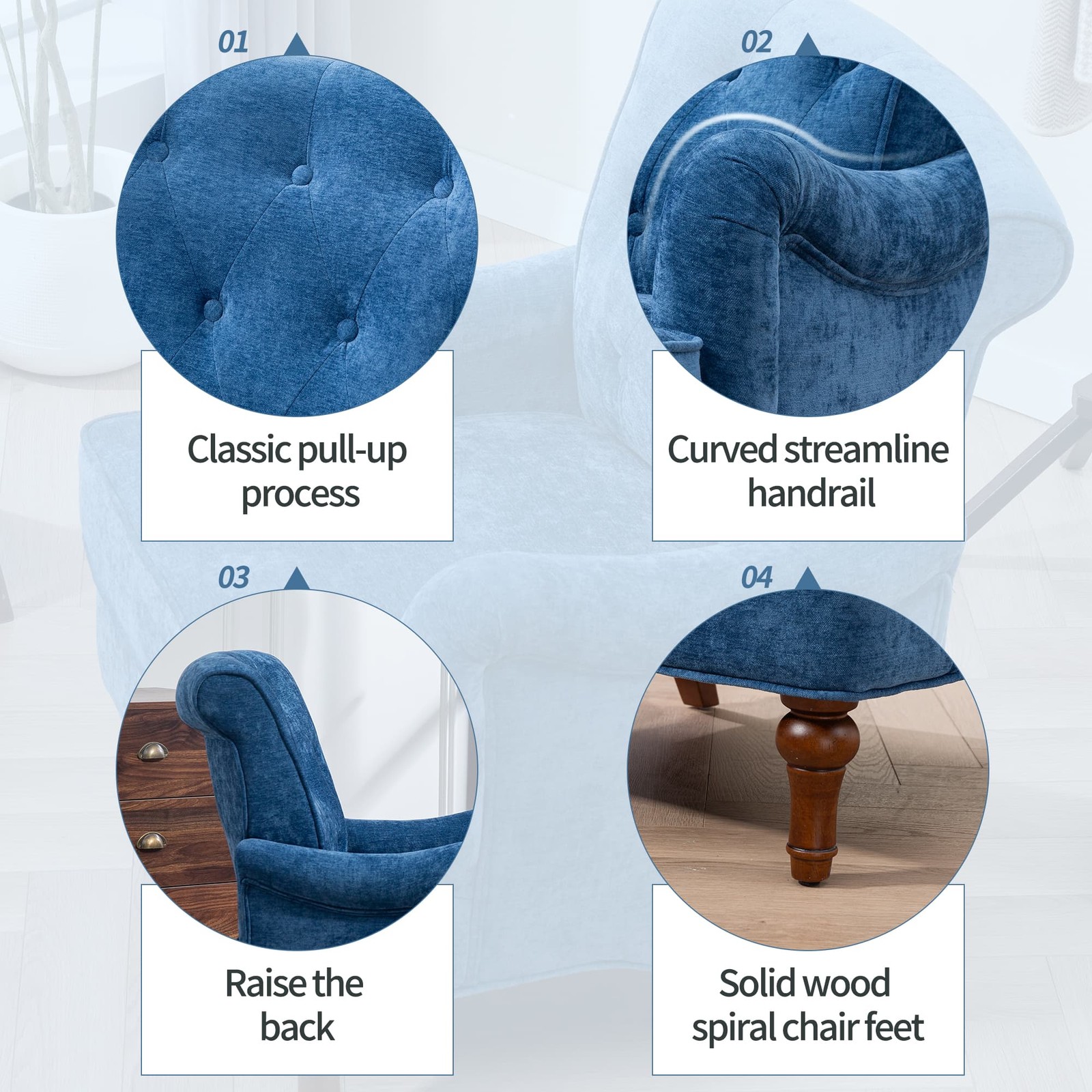 Blue Chenille Accent Chair 300LBS Upholstered Springs Cushions Retro Wooden Legs