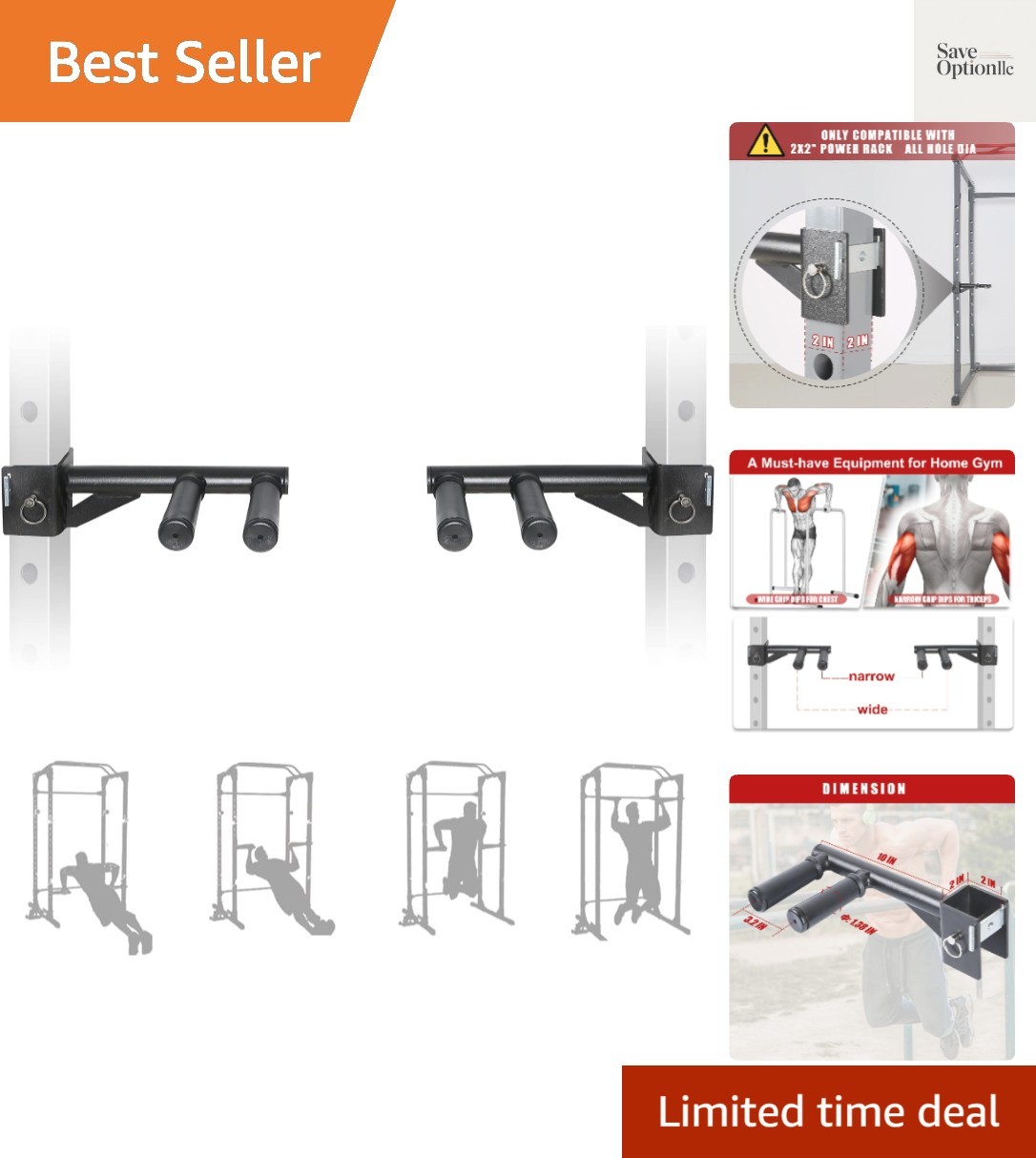 Dip Bar Attachments for 2" x 2" or 3" x 3" Power Rack - Narrow & Wide Dips Do...
