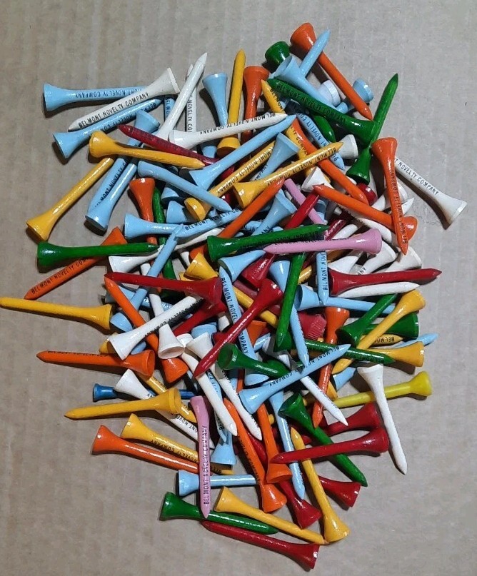 Lot of 125 Vtg Wood Golf Tees Belmont Novelty Company Advertising Multicolor NOS