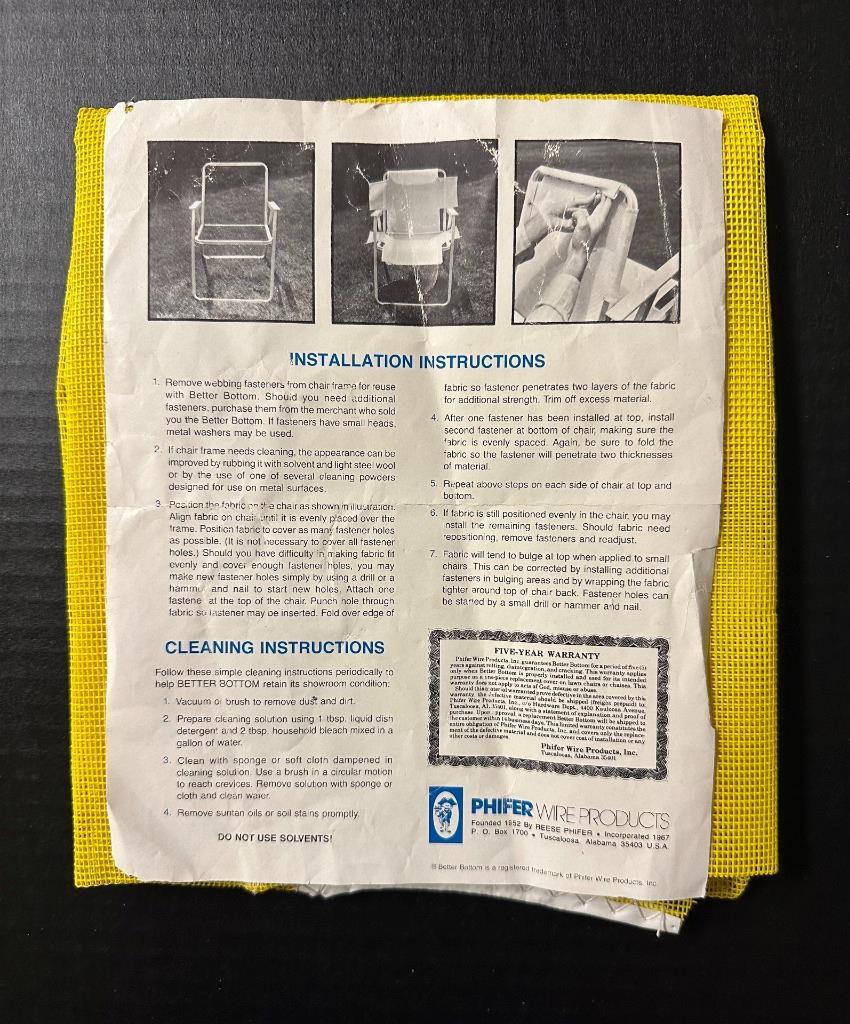 NOS Phifer Better Bottom Replacement Cover Aluminum Chair Yellow Webbing
