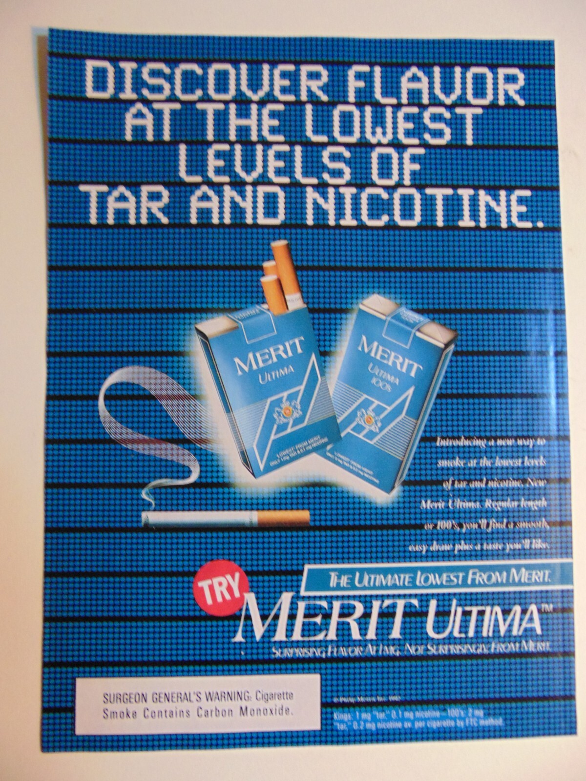 1992 MERIT ULTIMA Cigarettes Lowest Tar & Nicotine print ad