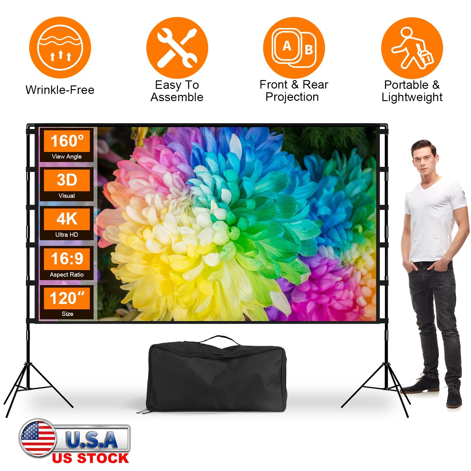 100/120in Projector Screen & Stand Movie 16:9 HD Outdoor Indoor Movie Screen New