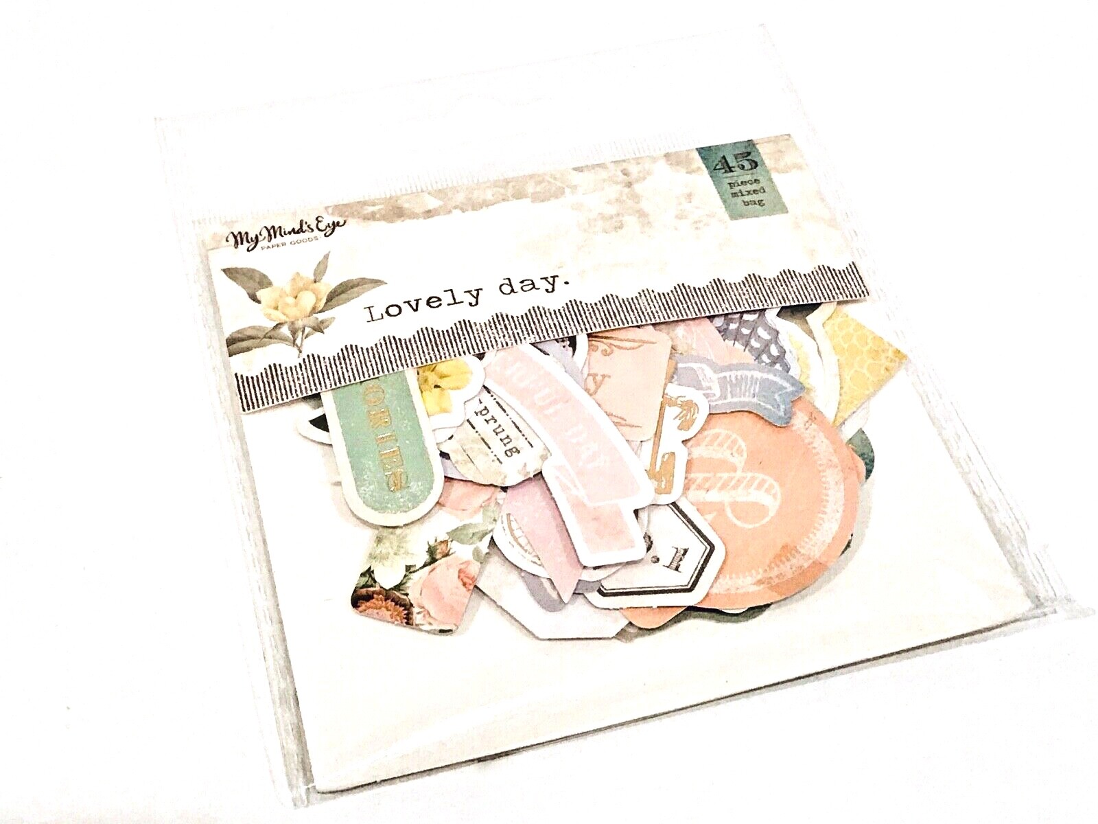MY MIND'S EYE EPHEMERA MIXED BAG WITH GOLD FOIL ACCENTS LOVELY DAY 45 PIECES