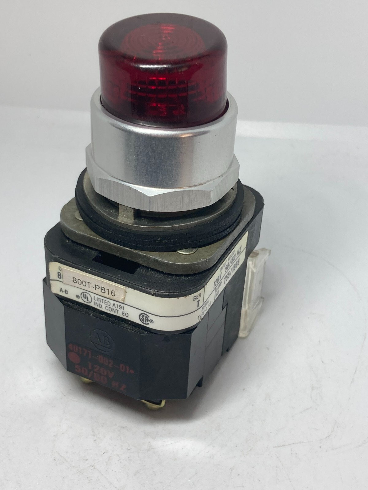 ALLEN BRADLEY 800T-PB16R PUSHBUTTON RED 120VAC TRANS MOMENTARY 1NO/1NC SER T