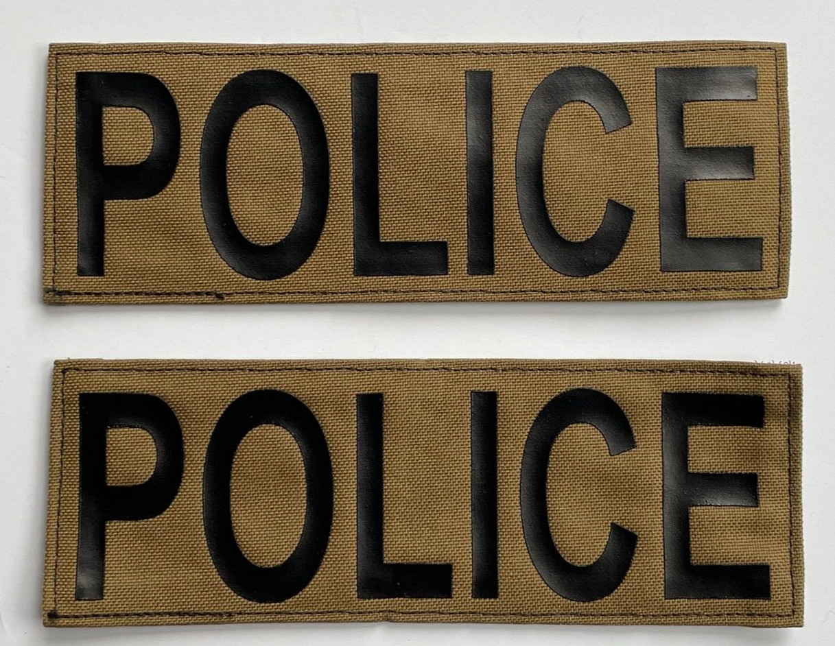 POLICE Patch Set Of 2 Coyote Brown Cordura W/Black Lettering Hook Back 8.5X3