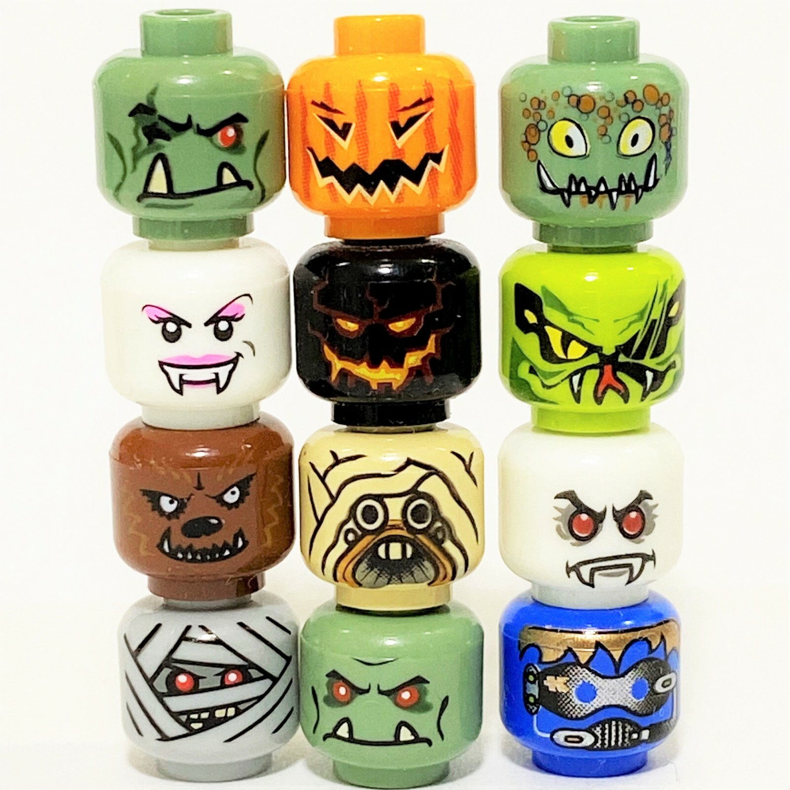 12x Monster Heads for Minifigure Zombie Vampire Werewolf Devil Pumpkin - NEW