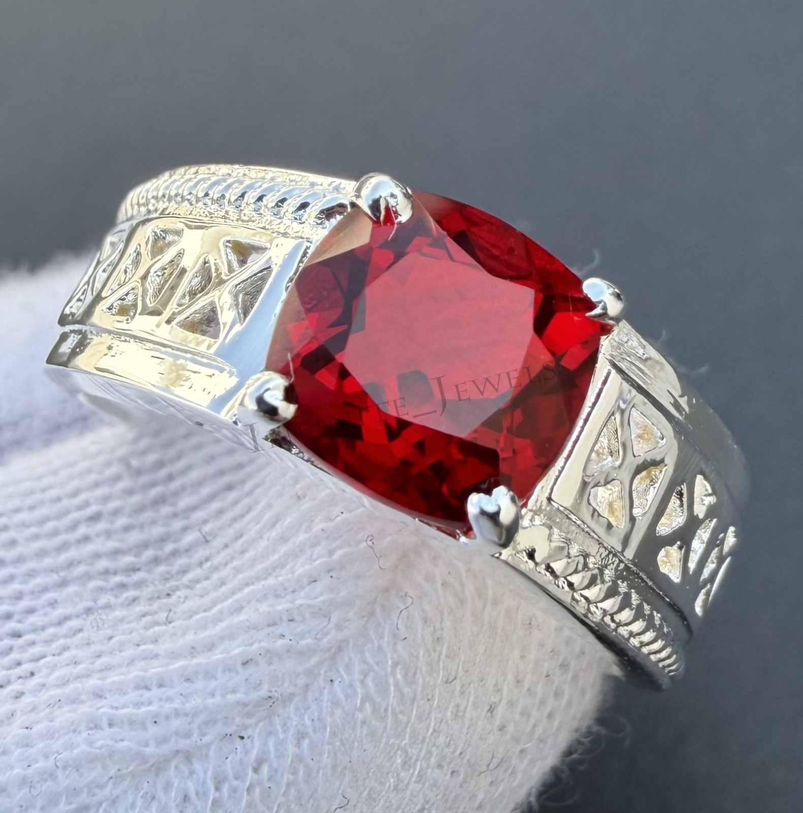 Solid 925 Sterling Silver Men's Ring with Red Garnet Gemstone Men's Ring