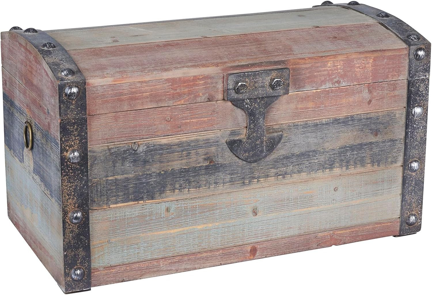 Chic Weathered Wooden Storage Trunk with Hinged Lid and Metal Accents